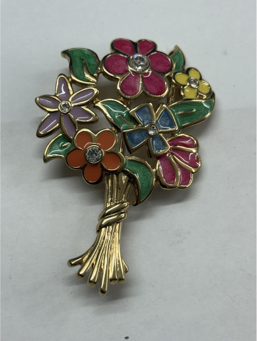 HUGE Roland Pink Blue Purple Enamel Gold Tone Rhinestone Flower Bouquet Brooch